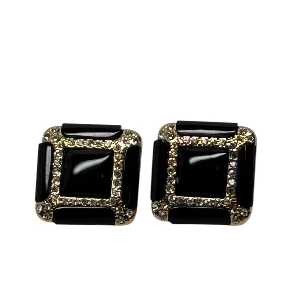 Vintage Kenneth Jay Lane Clip Earrings Black Square Gold & Rhinestone Accents